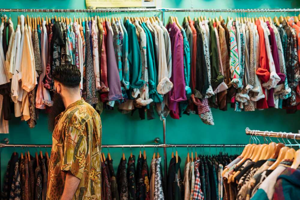 Jeune homme choisissant des vêtements dans un magasin de vêtements
